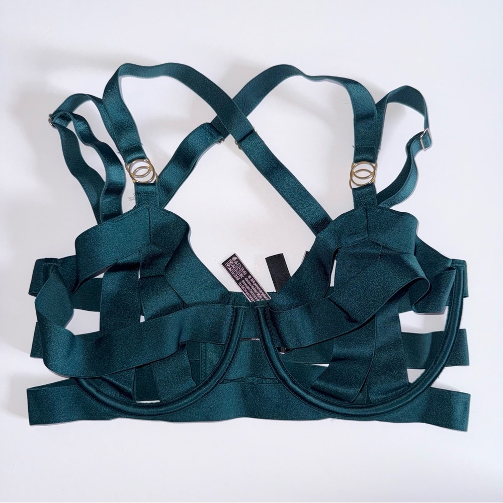 Victoria’s Secret Unlined Balconette Cage Bra Emerald Green Strappy 32DD Sexy